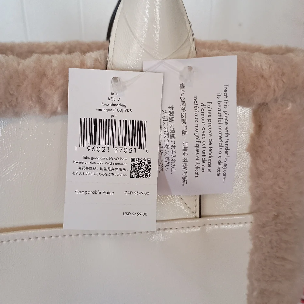 SOLD- NWT Kate Spade Meringue Cream White Jett Shearling Trim Large Tote Purse - Picture 6 of 16